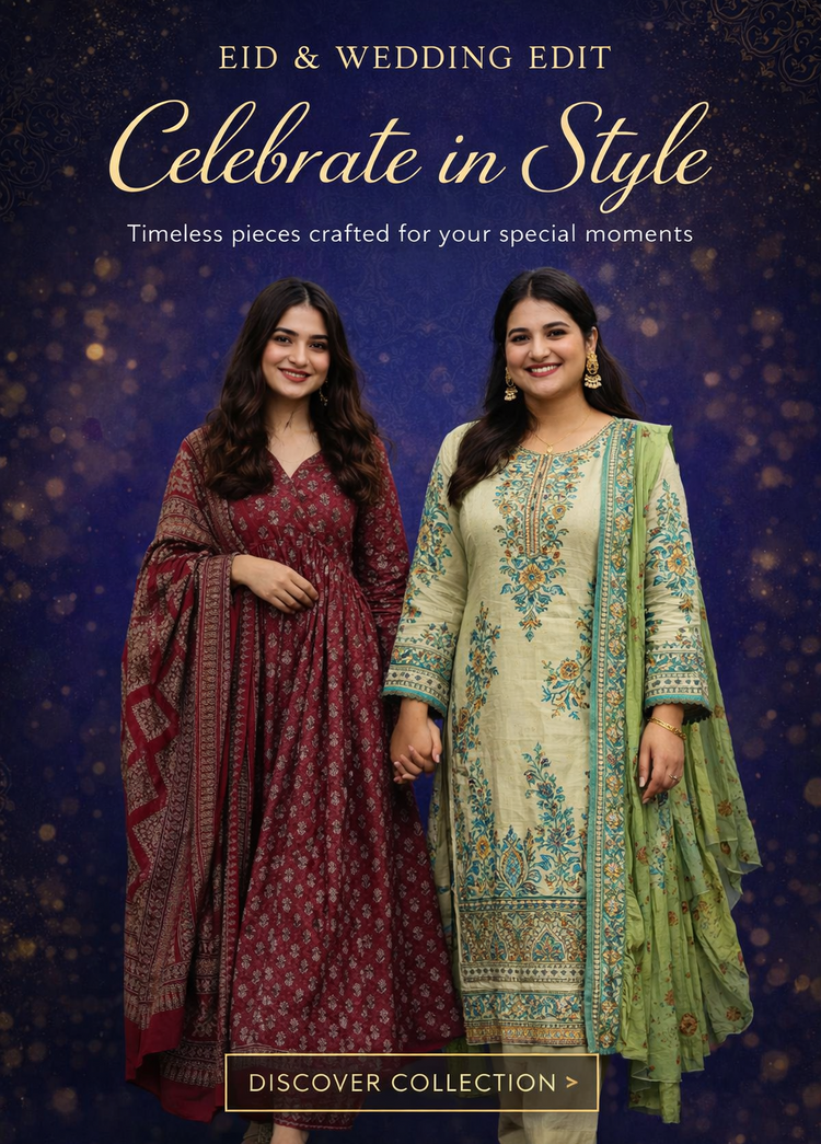 Two women in traditional outfits with a dark blue background and text about Eid and wedding fashion.