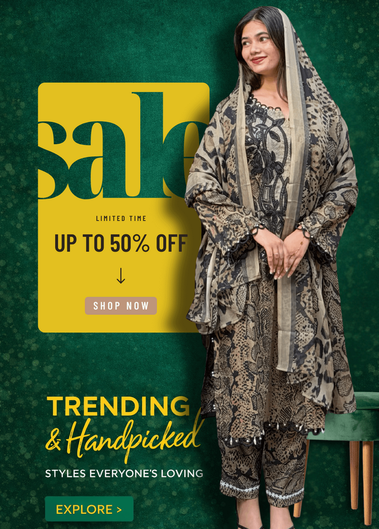 Woman in a patterned outfit with a 'Sale' promotion on a green background for Pehnava Lawns