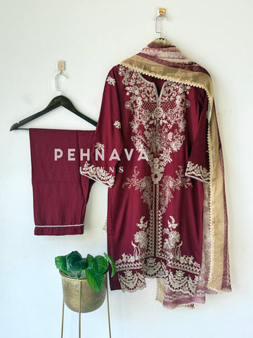 Rayon Embroidered Three Piece Suit-3639