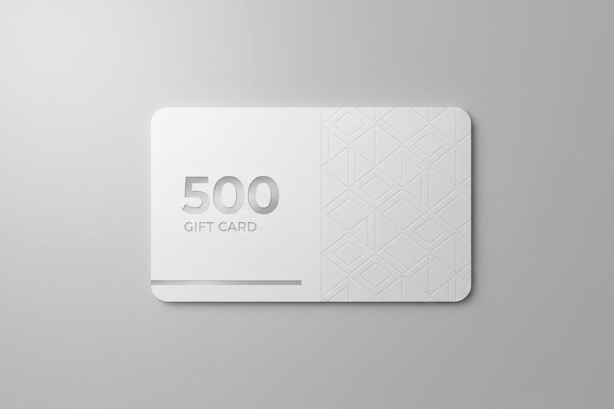 Front side view of 500 gift card, modern and simple