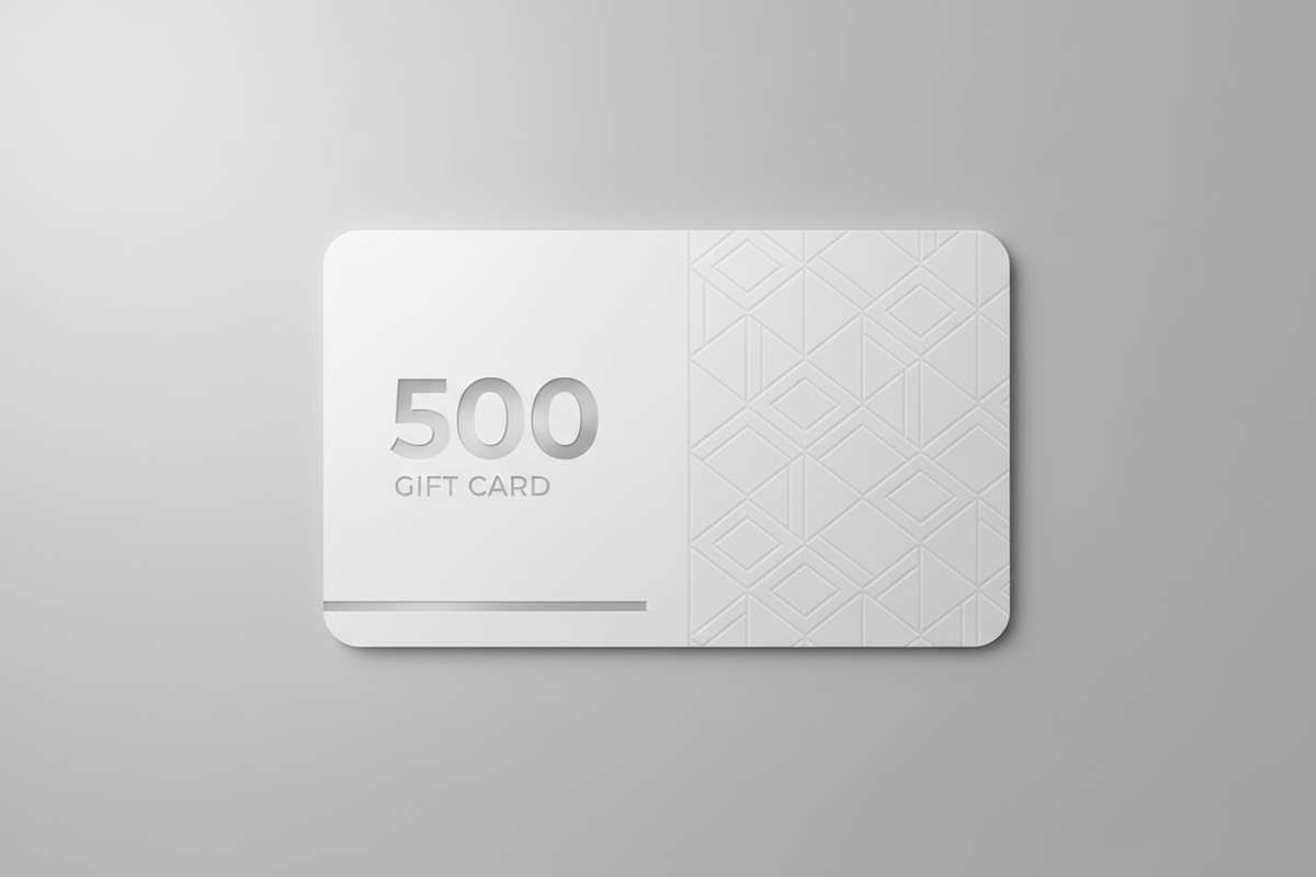 Front side view of 500 gift card, modern and simple