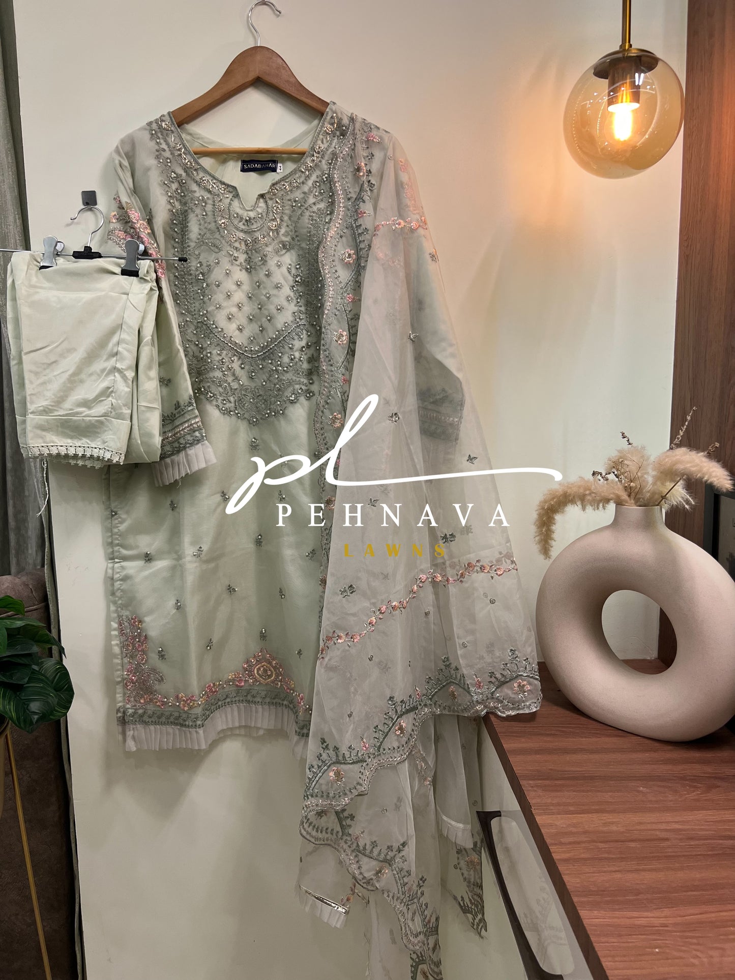 Pastel Green soft Cotton Hand embroidered SemiFormal Straight Suit