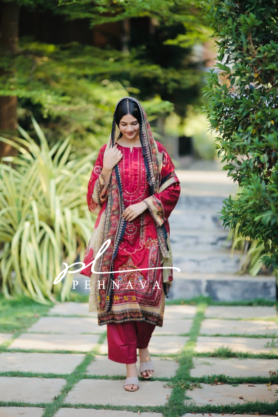 Printed casual suit with chiffon dupatta 1075