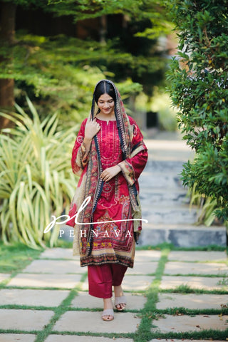 Printed casual suit with chiffon dupatta 1075