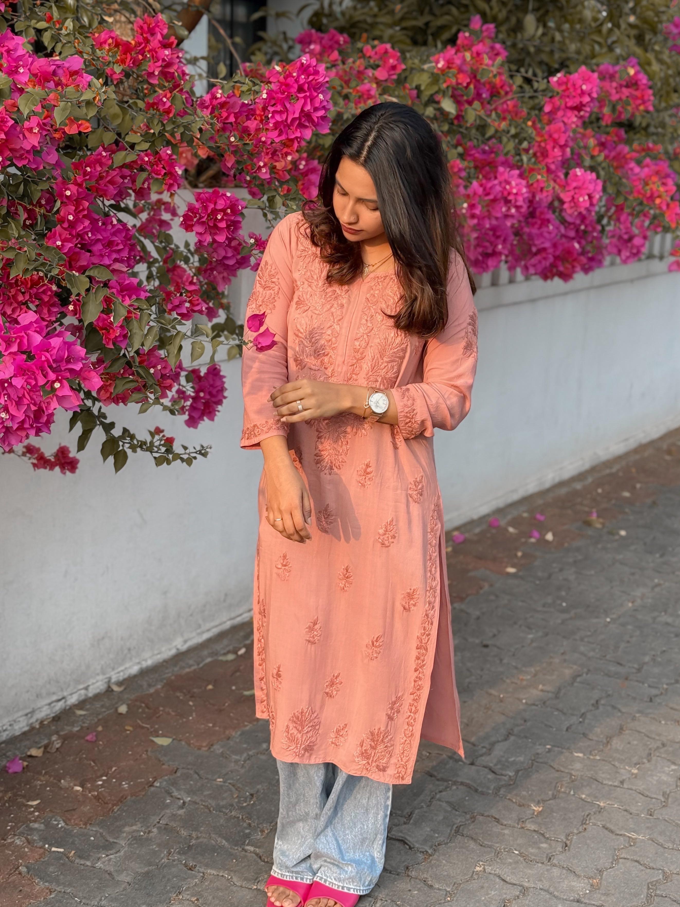 Authentic chikankaari embroidered suit- Nude pink