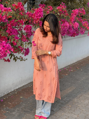 Authentic chikankaari embroidered suit- Nude pink