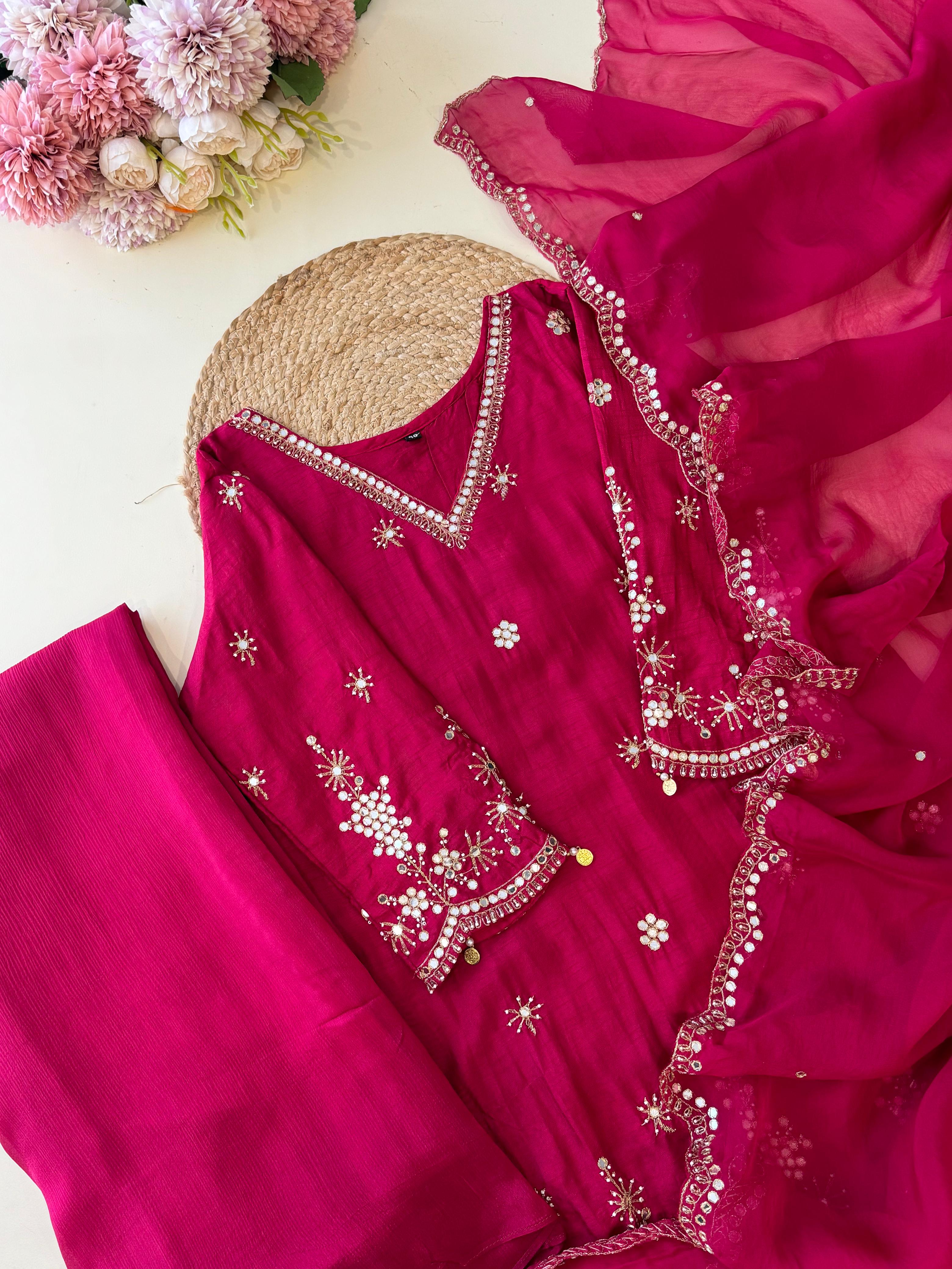 Russian silk Handworked suit with scalloped dupatta