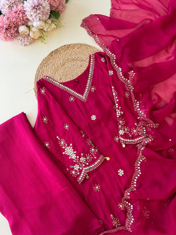 Russian silk Handworked suit with scalloped dupatta