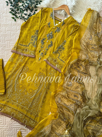 Printed Casual Suit with organza patches-yellow 495