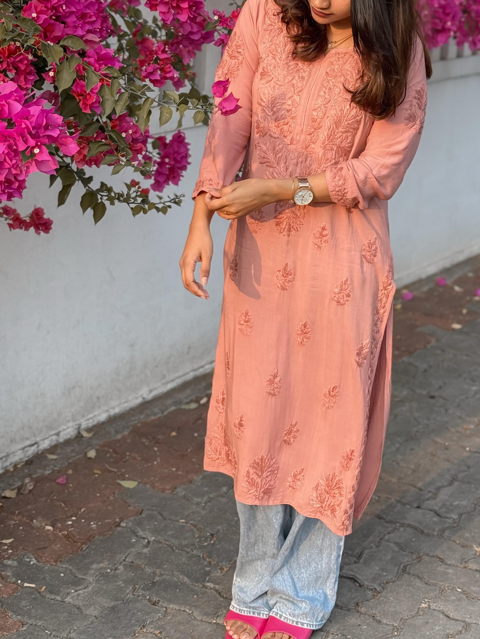 Authentic chikankaari embroidered suit- Nude pink