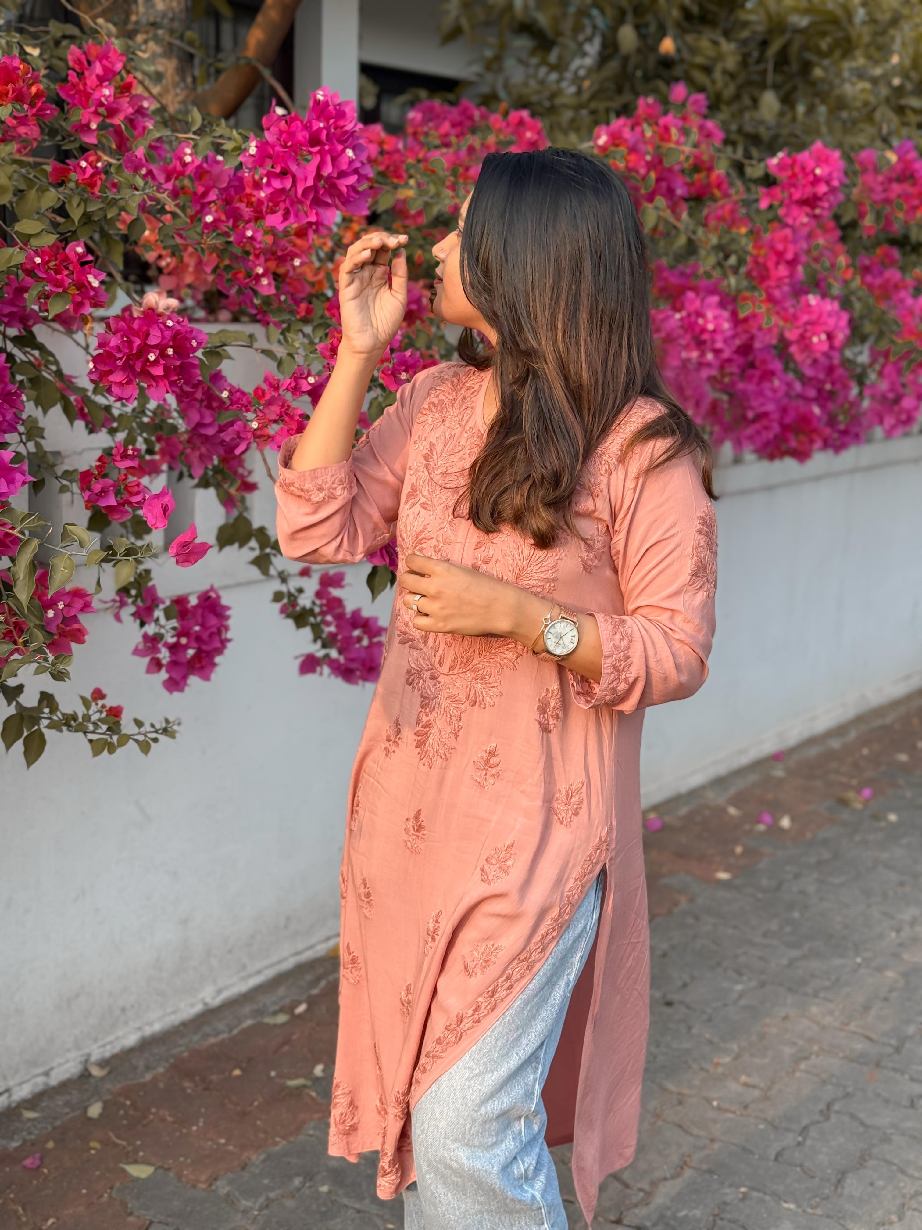Authentic chikankaari embroidered suit- Nude pink